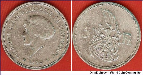 5 francs
Charlotte, grand-duchess of Luxembourg
winged national arms
0.625 silver