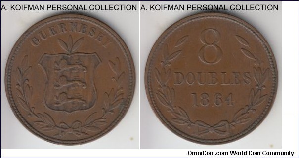 KM-7, 1864 Guernsey 8 doubles; bronze, plain edge; first year of the type, brown very fine.