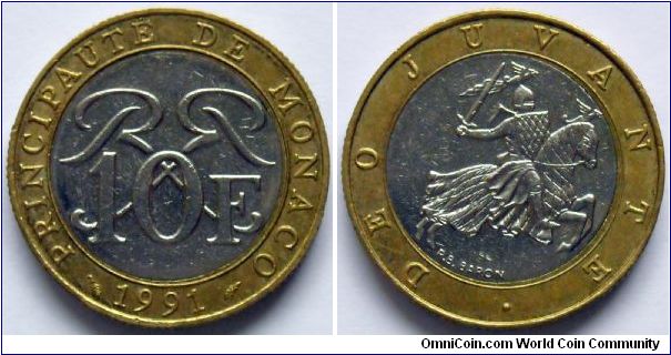 Bimetal Monaco 10 francs from Paris Mint.
1991