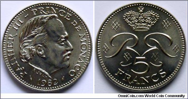 5 francs.
1982, Prince 
Rainier III
