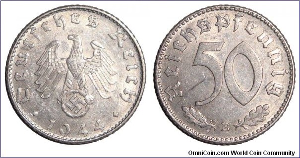 GERMANY (THIRD REICH)~50 Reichspfennig 1944 B. Mint: Vienna