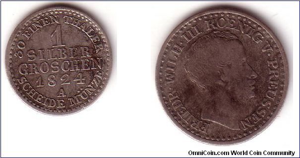 1 silber groschen.
Kingdom of Prussia.
Friedrich Wilhelm IV (1840-1861).
'A' -Berlin mint.