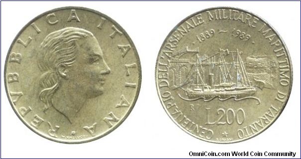 Italy, 200 liras, 1989, Al-Bronze, 24mm, 5g, MM: R (Rome), 1889-1989, 100th Anniversary of the Navy in Taranto.                                                                                                                                                                                                                                                                                                                                                                                                     