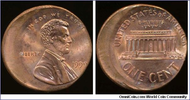 Error Lincoln Cent. Broadstruck, off-center and with underlying doubling of Lincoln's profile in the right field from bowtie to the hair.