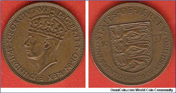 1/24 shilling
George VI, by the grace of God king of Great-Britain, defender of the faith, emperor of India
arms of Jersey
mintage 72,000
bronze