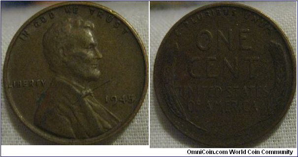 1945 1 cent coin, fine grade