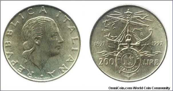 Italy, 200 liras, 1997, Al-Bronze, 24mm, 5g, MM: R (Rome), 1897-1997, Lega Naval Italiana.                                                                                                                                                                                                                                                                                                                                                                                                                          