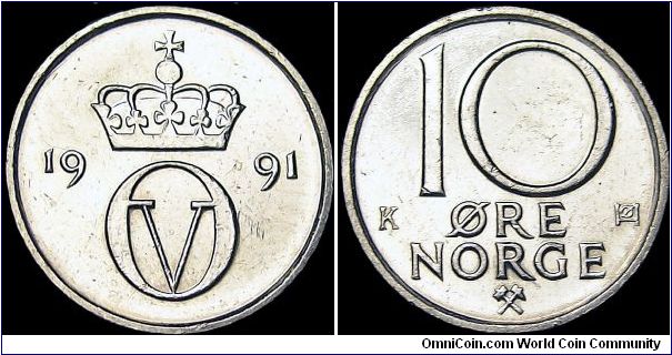 Norway - 10 Öre - 1991 - Weight 1,25 gr - Copper / Nickel - Size 15 mm - Regent / Olav V - Designer / Oivind Hansen - Mintage 79 597 000 - Edge : Plain - Reference KM# 416 (1974-91)