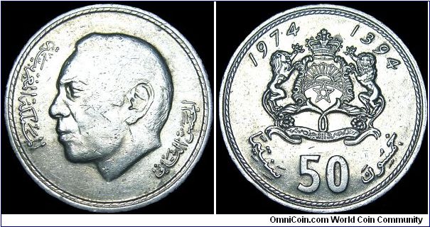 Morocco - 50 Santimat - 1974 - Weight 4,0 gr - Copper / Nickel - Size 21 mm - Ruler / Al-Hasan II (1962-1999) - Designer / David Wynne - Mintage 40 380 000 - Edge : Milled - Reference Y# 62 (1974-78)