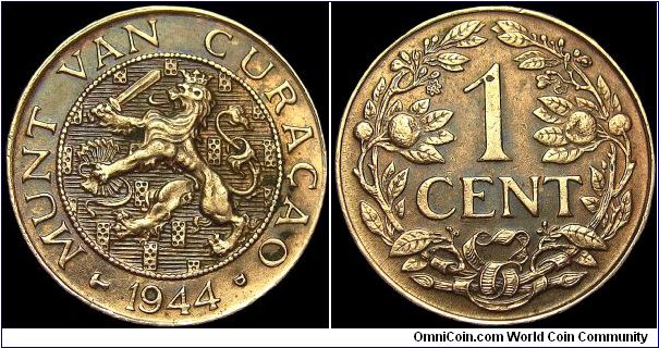 Curacao - 1 Cent - 1944 - Weight 2,4 gr - Bronze - Size 19 mm - Ruler / Wilhelmina I (1890-1948) - Mintage 3 000 000 - Edge : Milled - Minted in Denver / USA - Reference KM# 41 (1944-47)