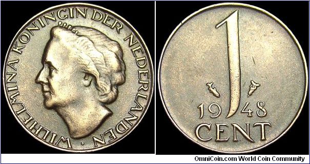 Netherlands - 1 Cent - 1948 - Weight 2,0 gr - Bronze - Size 14 mm - Ruler / Wilhelmina I (1890-1948) - Designer / L.O. Wenkebach - Mintage 175 000 000 - Minted in Utrecht / Netherlands - Edge : Plain - Reference KM# 175 (1948)