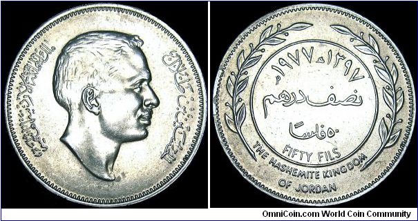 Jordan - 50 Fils - AH1397 / 1977 - Weight 7,5 gr - Copper / Nickel - Size 26 mm - Ruler / Hussein Ibn Talal (1952-1999) - Mintage 6 000 000 - Edge : Milled - Reference KM# 18 (1968-77)