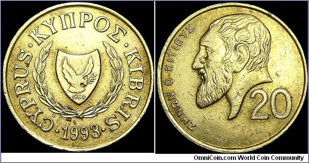 Cyprus - 20 Cents - 1993 - Weight 7,8 gr - Nickel / Brass - Size 27 mm - President / George Vasiliou (1988-93) - Mintage 4 000 000 - Edge : Reeded - Minted in Royal Mint London / England - Reference KM# 62.2 (1991-98)