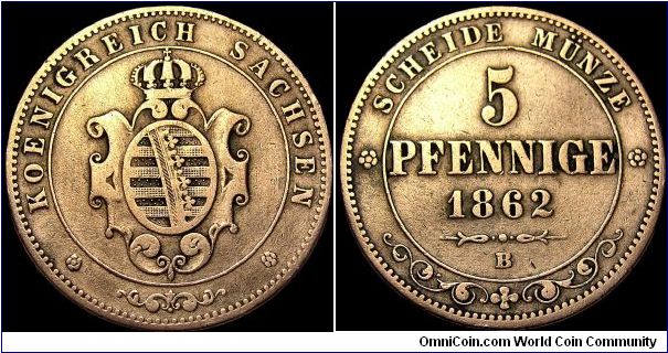 Germany - Sachsen - 5 Pfennig - 1862 - Weight 7,3 gr - Copper - Size 25 mm - Ruler / King Johann (1854-73) - Edge : Plain - Reference KM# 1218 (1862-69)