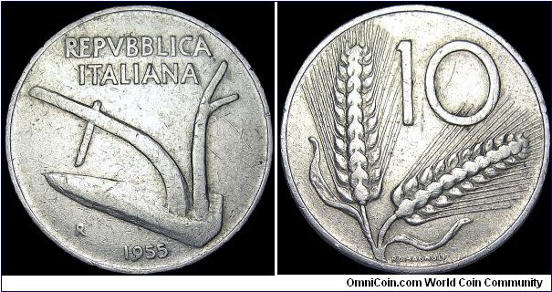 Italy - 10 Lire - 1955 - Weight 1,6 gr - Aluminum - Size 23,25 mm - President / Giovanni Gronchi (1955-62) - Obverse / Plow - Designer / Guiseppe Romagnoli - Mintage 274 000 000 - Edge : Smooth - Reference KM# 93 (1951-2000)