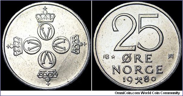 Norway - 25 Öre - 1980 - Weight 2,0 gr - Copper / Nickel - Size 17 mm - Regent / King Olav V (1957-91) - Designer / Oivind Hansen - Mintage 6 289 000 - Note : With star - Edge : Reeded - Reference KM# 417 (1974-82) 