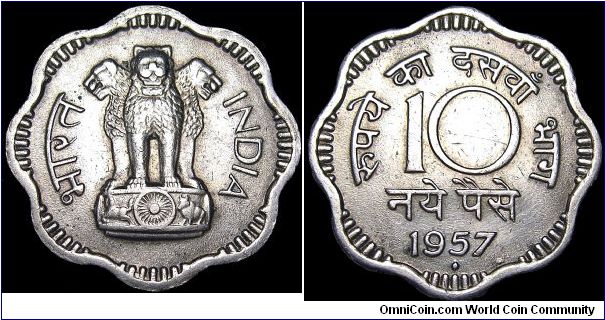 India Republic - 10 Naye Paise - 1957 - Weight 5,0 gr - Copper / Nickel - Size 23 mm - President / Dr Rajendra Prasad (1950-62) - Mintage 139 655 000 - Shape : Scalloped - Edge : Plain - Reference KM# 24.1 (1957)