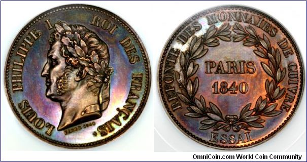 Louis-Philippe-I Essai (1 Decime/10-Centimes), Designed by Barre. Bronze. Maz# 1144. NGC MS/64. Heavier 15g variety. Scarce.