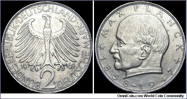 Germany - 2 Mark - 1962 - Weight 7,0 gr - Copper /Nickel - Size 26,75 mm - President / Konrad Adenauer (1949-63) - Subject : Max Planck - Mintage 4 105 000 - Edge lettering : EINIGKEIT UND RECHT UND FREIHEIT - Mintamar D = Munich - Reference KM# 116 (1957-71)