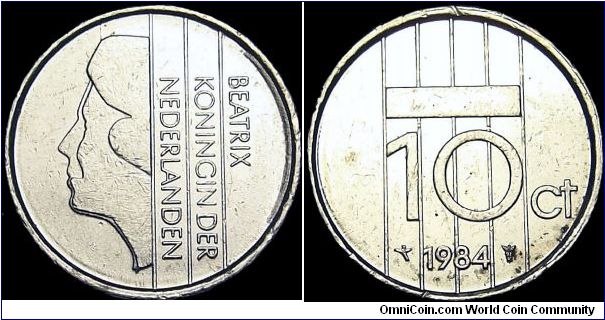 Netherlands - 10 Cents - 1984 - Weight 1,5 gr - Nickel - Size 15 mm - Ruler / Queen Beatrix (1980-) - Designer / Bruno Ninaber von Eyben - Mintage 42 200 000 - Edge : Reeded - Reference KM# 203 (1982-2000)