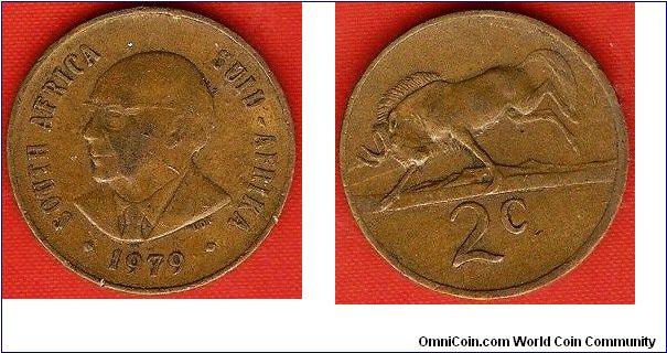 2 cents
President Diederichs
black wildebeest
bronze
bilingual coin
