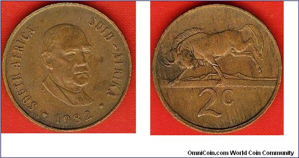 2 cents
President Vorster
black wildebeest
bronze
bilingual coin