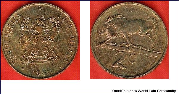 2 cents
arms of South Africa
black wildebeest
bronze
bilingual coin