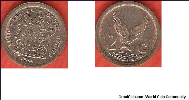 2 cents
arms of South Africa
eagle with fish
copper-plated steel
bilingual coin