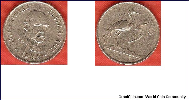 5 cents
President Vorster
blue crane
nickel
bilingual coin