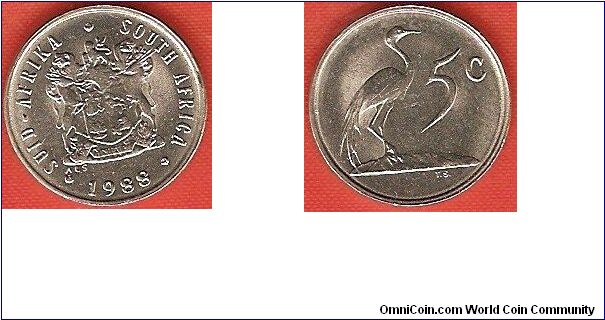 5 cents
arms of South Africa
blue crane
nickel
bilingual coin