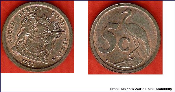 5 cents
arms of South Africa
blue crane
copper-plated steel
bilingual coin
