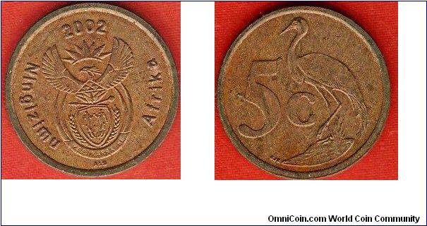 5 cents
arms of South Africa
blue crane
copper-plated steel