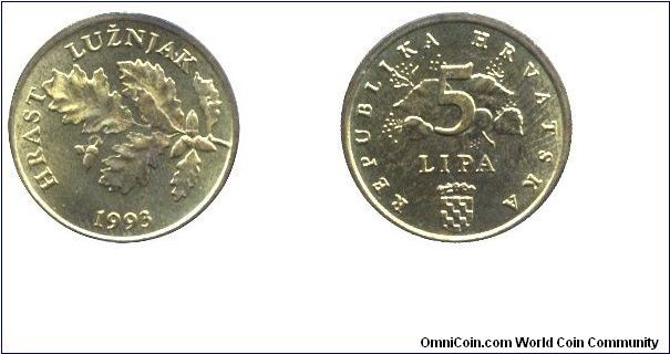 Croatia, 5 lipa, 1993, Bronze-Steel, 18mm, 2.5g, Hrast Luzjak (Oak).                                                                                                                                                                                                                                                                                                                                                                                                                                                