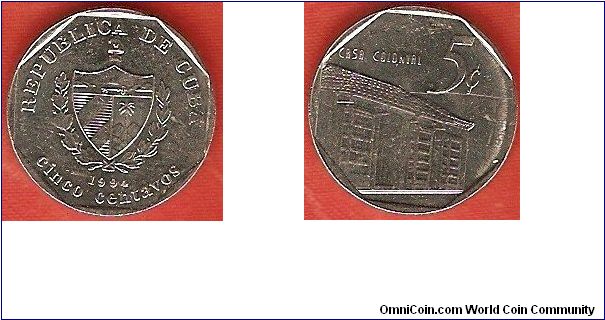 Peso convertible series
5 centavos
national arms
colonial house
medal alignment
nickel-plated steel