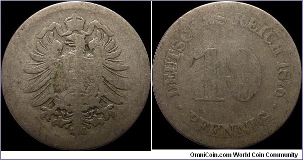 German Empire 10 Pfennig 1876 - Small Eagle - mint-mark worn off