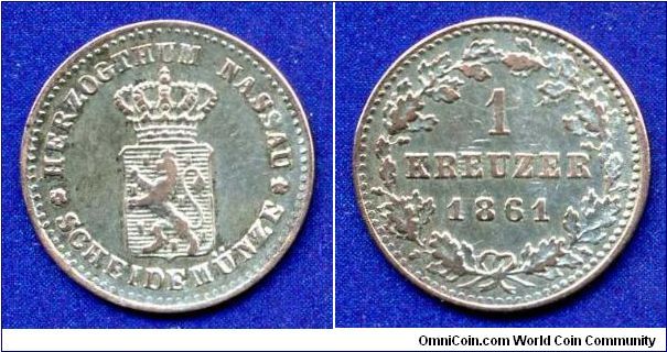 1 kreuzer.
Duchy of Nassau.
Adolph (1839-1866).
Mintage 664,000 units.


Ag290f. 0,53gr.