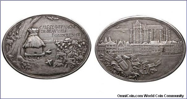 Rare oval silver jeton, CAISSES D'EPARGNE (Savings Bank), Founded in 1835. By Pillet. Beehive in a landscape. R/. City view. (J. 8). 28mm x 37 mm. Edge Mark: Cornucopia.