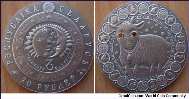20 Rubles - Zodiac sign capricorn - 28.28 g Ag .925 UNC (oxidized with two artificials crystals) - mintage 25,000