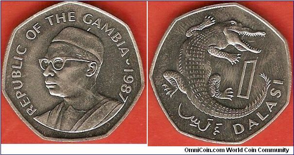1 dalasi
president's bust
slender-snouted crocodile
designer Michael Rizzello
copper-nickel 
7-sided coin