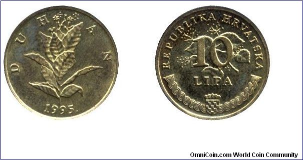 Croatia, 10 lipa, 1995, Bronze-Steel, 20mm, 3.2g, Duhan (Tobacco).                                                                                                                                                                                                                                                                                                                                                                                                                                                  