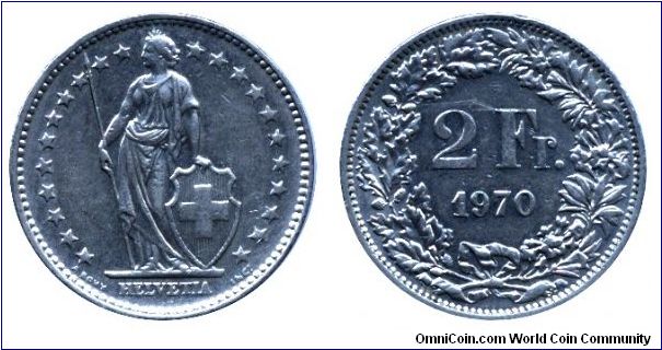 Switzerland, 2 francs, 1970, Cu-Ni, Helvetia.                                                                                                                                                                                                                                                                                                                                                                                                                                                                       