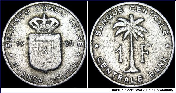 Belgian Congo - Ruanda-Urundi - 1 Franc - 1960 - Weight 1,4 gr - Aluminum - Size 22 mm - Ruler / Baudoun I (1951-93) - Mintage 20 000 000 - Edge : Reeded - Reference KM# 4 (1957-60)