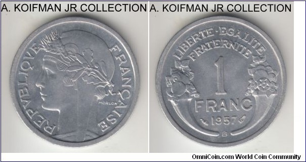 KM-885a.2, 1957 France franc, Beaumont mint (B mintmark); aluminum, plain edge; nice uncirculated specimen.