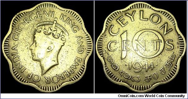 Ceylon - 10 Cents - 1944 - Weight 4,0 gr - Nickel / Brass - Size 23 mm - Ruler / George VI (1936-52) - Mintage 30 500 000 - Shape : Scalloped - Edge : Plain - Reference KM# 118 (1944)
