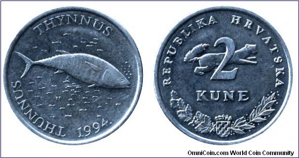 Croatia, 2 kune, 1994, Cu-Ni-Zn, 24.5mm, 6.2g, Thunnus Thynnus, Tuna Fish.                                                                                                                                                                                                                                                                                                                                                                                                                                          
