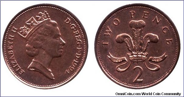 United Kingdom, 2 pence, 1994, Cu-Steel, 25.9mm, 7.12g, Queen Elizabeth II.                                                                                                                                                                                                                                                                                                                                                                                                                                         