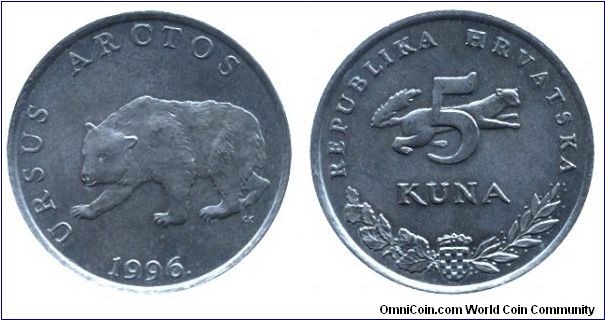 Croatia, 5 kuna, 1996, Cu-Ni-Zn, 26.5mm, 7.45g, Ursus Arctos (Brown Bear).                                                                                                                                                                                                                                                                                                                                                                                                                                          