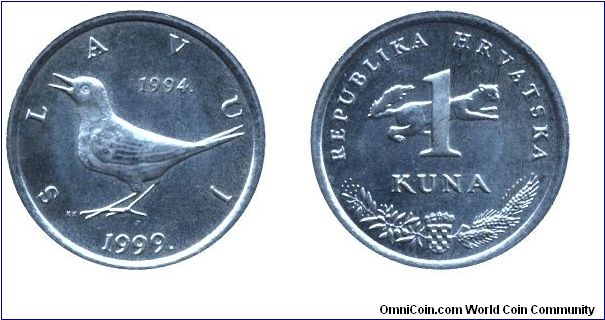 Croatia, 1 kuna, 1999, Cu-Ni-Zn, 22.5mm, 5g, Slavuj (Nightingale).                                                                                                                                                                                                                                                                                                                                                                                                                                                  