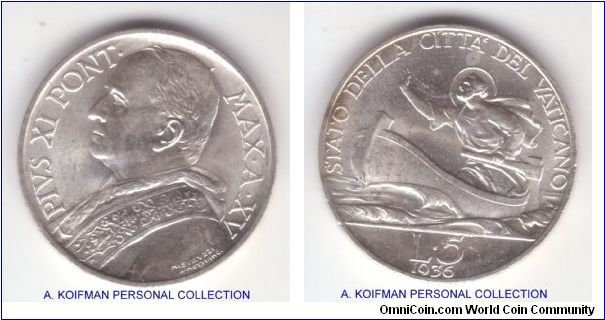 KM-7, 1936 Vatican/Year XV of Pius XI 5 lire; silver, lettered edge; nice brilliant uncirculated, small spot above St. Peter's head on reverse, mintage 40,000.