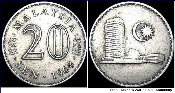 Malaysia - 20 Sen - 1968 - Weight 5,8 gr - Copper / Nickel - Size 23,4 mm - Reverse / Parliament house - Designer / Geoffrey Colley - Mintage 40 440 000 - Edge : Plain - Reference KM# 4 (1967-88)